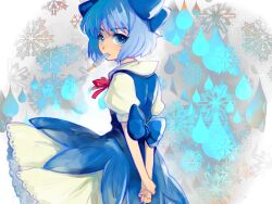  arms_behind_back blue_dress blue_eyes blue_hair bow cirno commentary_request dress female food hair_ribbon no_wings popsicle ribbon short_hair snowflakes solo standing touhou tsuneaki_(dosnan) water_drop 