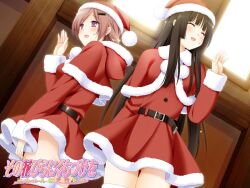  2girls black_hair blush copyright_name glasses kani_biimu kirishima_shizuku kitajima_kaede multiple_girls photoshop_(medium) red_eyes red_hair santa_costume sono_hanabira_ni_kuchizuke_wo watermark 