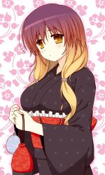  black_kimono blonde_hair breasts brown_eyes brown_hair commentary_request cpu_(hexivision) female gradient_hair hijiri_byakuren japanese_clothes kimono kinchaku large_breasts long_hair multicolored_hair pouch solo touhou upper_body water_yoyo 