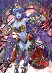  :d asmodeus_(shinrabanshou) blue_hair blue_skin breasts cleavage colored_skin commentary_request demon_girl feathered_wings female flower gauntlets hat horns long_hair low_wings medium_breasts navel oerba_yun_fang open_mouth outstretched_arms plant pointy_ears purple_thighhighs ran&#039;ou_(tamago_no_kimi) rose shinrabanshou smile solo tail thighhighs thorns vines wings yellow_eyes 