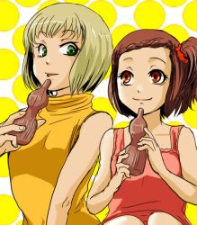  2girls bad_id bad_pixiv_id blonde_hair bottle bow braid braided_bangs brown_eyes brown_hair bruce_lee&#039;s_jumpsuit camisole drinking green_eyes hairbow huang_baoling kaburagi_kaede multiple_girls rduuroorn short_hair side_ponytail tiger_&amp;_bunny 