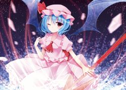  ascot bat_wings blue_hair commentary_request dress female hat highres oerba_yun_fang one_eye_closed red_eyes remilia_scarlet short_hair smile solo spear_the_gungnir touhou wings yuzuki_(blossom) 