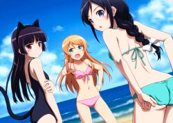  3girls :o adjusting_clothes adjusting_swimsuit animal_ears aqua_bikini aragaki_ayase ass ass_visible_through_thighs beach bikini black_hair blush braid cat_ears cloud commentary_request day dutch_angle fake_animal_ears from_behind front-tie_top gokou_ruri green_eyes hand_on_own_hip holding_own_arm horiguchi_hiroshi kousaka_kirino long_hair looking_back mole mole_under_eye multiple_girls navel one-piece_swimsuit orange_hair ore_no_imouto_ga_konna_ni_kawaii_wake_ga_nai outdoors photoshop_(medium) pink_bikini pointing pointing_at_viewer purple_eyes red_eyes sky swimsuit tail v-shaped_eyebrows 