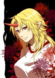  blonde_hair chrysanthemum chrysanthemum_print collarbone commentary_request female floral_print flower highres horns hoshiguma_yuugi long_hair mise_yuzuki oerba_yun_fang pointy_ears red_eyes shirt single_horn smile solo touhou upper_body 