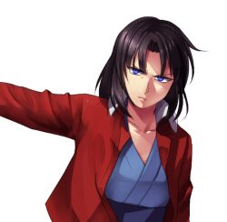  asura_(asr4000) black_hair blue_eyes commentary_request female jacket japanese_clothes kara_no_kyoukai kimono multicolored_eyes pink_eyes red_jacket ryougi_shiki solo 