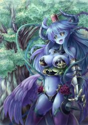  armor asmodeus_(shinrabanshou) black_sclera blue_hair blue_skin breasts cleavage colored_sclera colored_skin commentary_request female flower gauntlets hat highres horns large_breasts long_hair low_wings navel open_mouth plant pointy_ears rose shinrabanshou shouma_(bravespiritya) slit_pupils solo thighhighs tree vines wings yellow_eyes 