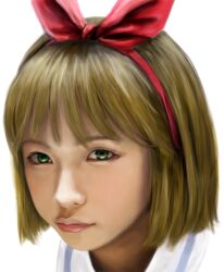  annaka_haruna bow commentary_request dotechin female green_eyes hairbow lips nichijou orange_hair portrait realistic short_hair solo 