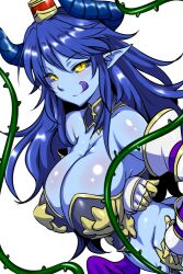  :q armor asmodeus_(shinrabanshou) blue_hair blue_skin breast_lift breasts clearite cleavage colored_skin commentary_request female hat horns huge_breasts long_hair plant pointy_ears shinrabanshou simple_background slit_pupils solo tongue tongue_out vines white_background yellow_eyes 