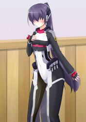  artist_request black_legwear blind blush bodysuit chris1026 female female flat_chest hair_over_eyes hand_on_chest highres kyoukai_senjou_no_horizon kyoukaisenjou_no_horizon long_hair mukai_suzu purple_hair smile solo 