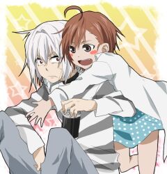  1boy accelerator_(toaru_majutsu_no_index) age_difference ahoge albino bad_id bad_pixiv_id black_choker blush_stickers brown_eyes brown_hair can canned_coffee choker diagonal-striped_shirt diagonal_stripes dress drink_can electrodes female holding holding_can hug hug_from_behind last_order_(toaru_majutsu_no_index) lolicon medium_hair open_mouth polka_dot polka_dot_dress red_eyes sasayama_panda shirt short_hair skirt striped_clothes striped_shirt toaru_kagaku_no_accelerator toaru_majutsu_no_index white_hair 