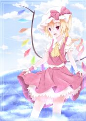  ascot bad_id bad_pixiv_id blonde_hair bow cloud crystal curtsey day female flandre_scarlet hat hat_bow noala open_mouth puffy_sleeves red_eyes short_hair short_sleeves side_ponytail skirt_hold sky solo standing touhou wings wrist_cuffs 