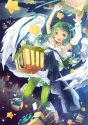  :d angel_wings armpits arms_up box commentary_request daphine78805 female flying gift gift_box green_eyes green_hair happy long_hair open_mouth original pantyhose ribbon sandals smile star_(symbol) striped_clothes striped_pantyhose vertical-striped_clothes vertical-striped_pantyhose wings 