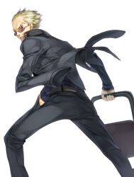  1boy blonde_hair blue_eyes clenched_teeth commentary_request from_behind glasses hagure_keg hand_in_pocket holding looking_at_viewer looking_back male_focus persona persona_4 photoshop_(medium) scar simple_background solo sunglasses tatsumi_kanji teeth white_background 