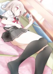  bad_id bad_pixiv_id black_thighhighs cellphone commentary female holding legs lying no_shoes on_back oouso original over-kneehighs phone pillow red_eyes school_uniform serafuku short_hair skirt solo tatami thighhighs white_hair 