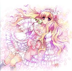  absurdres blonde_hair breasts carnelian cleavage copyright_request female flower frilled_sleeves frills hair_ornament hairband highres legwear_garter lolita_fashion lolita_hairband lying medium_breasts petals pink_theme purple_eyes rabbit ribbon rose sleeves_past_wrists solo sweet_lolita thighhighs white_flower white_rose white_thighhighs wide_sleeves 