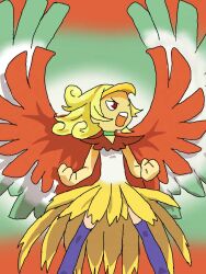  blonde_hair female highres ho-oh personification pokemon red_eyes simple_background stereoscopic_3d thighhighs wings 