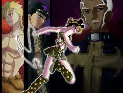  3boys archer_(fate) birthmark black_hair blonde_hair blue_eyes boots brown_hair chains commentary_request cosplay dark-skinned_male dark_skin derivative_work dio_brando dio_brando_(cosplay) double_bun ear_birthmark enrico_pucci enrico_pucci_(cosplay) fate/stay_night fate_(series) female gakuran gilgamesh_(fate) hair_bun hat honchu jojo_no_kimyou_na_bouken kotomine_kirei kujo_jolyne kujo_jolyne_(cosplay) kujo_jotaro kujo_jotaro_(cosplay) long_coat md5_mismatch multiple_boys parody priest red_eyes school_uniform stone_ocean string style_parody takeuchi_takashi_(style) tohsaka_rin topless_male trait_connection type-moon voice_actor_connection 