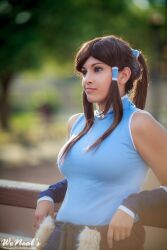  arm_warmers armwarmers avatar avatar:_the_last_airbender bangs blue_eyes breasts brown_hair collar cosplay dress female fur korra large_breasts leaning legend_of_korra nickelodeon outdoors outside ponytail rope smile solo the_legend_of_korra 