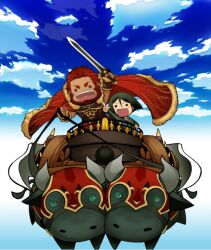  2boys armor beard black_hair bull cape chariot chibi commentary_request facial_hair fate/zero fate_(series) gordius_wheel_(fate) iskandar_(fate) kikuyarou male_focus multiple_boys parody pointing red_hair reins sword waver_velvet weapon 