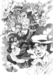  6+boys age_regression aged_down bird blush bud_(korovsme) canine chains commentary_request cowboy_hat feline gakuran gem graphite_(medium) greyscale hat heart hierophant_green jean_pierre_polnareff jojo_no_kimyou_na_bouken joseph_joestar joseph_joestar_(young) kakyoin_noriaki kujo_jotaro long_coat magician&#039;s_red male_focus mohammed_avdol monochrome multiple_boys oversized_clothes photoshop_(medium) puppy rapier school_uniform silver_chariot stand_(jojo) stardust_crusaders sword traditional_media weapon 