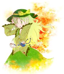  bandages blood bow closed_eyes commentary_request female green_eyes green_hair hat hat_bow koishi_komeiji&#039;s_heart-throbbing_adventure komeiji_koishi kusahama long_hair long_sleeves open_mouth solo third_eye touhou wide_sleeves 