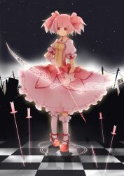  absurdres arrow bow_(weapon) female hair_ribbon hair_ribbons highres kaname_madoka magical_girl mahou_shoujo_madoka_magica pink_eyes pink_hair ribbon short_twintails solo twintails weapon 