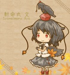  akihiyo animal animal_on_head bird bird_on_head black_hair black_wings camera character_name chibi commentary_request crow female geta hand_fan hat hauchiwa kunreishiki leaf looking_away maple_leaf on_head red_eyes romaji_text shameimaru_aya short_hair smile solo standing tengu-geta tokin_hat touhou wings 