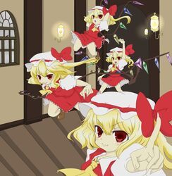  4girls bad_id bad_pixiv_id blonde_hair clone flandre_scarlet four_of_a_kind_(touhou) hat highres minato18 multiple_girls one_side_up ponytail red_eyes short_hair touhou wings 