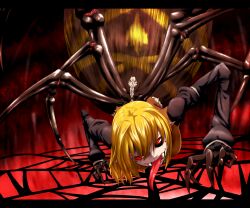  arthropod_girl black_sclera blonde_hair breasts claws colored_sclera commentary_request extra_eyes fangs female kurodani_yamame kurodani_yamame_(spider) letterboxed long_sleeves long_tongue medium_breasts mismatched_sclera monster_girl multiple_legs open_mouth pointy_ears red_eyes short_hair silk smile solo spider_girl spider_web tongue tongue_out touhou yuuki_(yukigeshou_hyouka) 