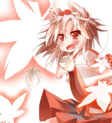  animal_ears bad_id bad_pixiv_id blush daidai_ookami female hat highres inubashiri_momiji leaf maple_leaf oerba_yun_fang open_mouth red_eyes short_hair slit_pupils solo tokin_hat touhou wide_sleeves wolf_ears 