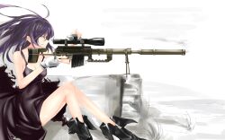  absurdres bipod bolt_action breasts cheytac_m200 cleavage collarbone commentary female fingerless_gloves gloves gun highres long_hair looking_through_scope medium_breasts original profile purple_hair rifle saberiii scope shiny_skin sitting sleeveless smoke smoking_barrel sniper_rifle solo suppressor torn_clothes trigger_discipline weapon yellow_eyes 