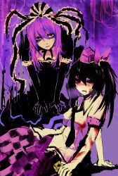  2girls alternate_color alternate_hair_color bad_id bad_pixiv_id black_hair blood blood_in_mouth bow cellphone hairbow hat hata-tan_(rui_(hershe)) highres himekaidou_hatate kagiyama_hina kuma-hina_(31_violence) long_hair multiple_girls necktie open_mouth phone puffy_sleeves purple_eyes purple_hair red_eyes short_sleeves tokin_hat touhou twintails violence_kumahina 