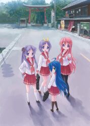  4girls bad_id bad_pixiv_id bag blue_eyes blue_hair green_eyes highres hiiragi_kagami hiiragi_tsukasa in-universe_location isou_nagi izumi_konata long_hair lucky_star mole mole_under_eye multiple_girls pantyhose photoshop_(medium) pink_hair purple_eyes purple_hair road ryouou_school_uniform scenery school_uniform serafuku short_hair siblings sisters smile street takara_miyuki torii twins twintails vanishing_point 