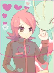  ... 1boy blush border brown_eyes closed_eyes green_background heart jacket meganium pink_border pokemon pokemon_(creature) pokemon_hgss pout red_hair silver_(pokemon) simple_background spoken_ellipsis tegaki yokuru 