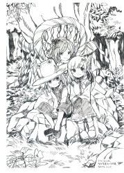  3girls graphite_(medium) greyscale hair_ornament hat highres kochiya_sanae monochrome moriya_suwako multiple_girls okari rock rope scan shimenawa sitting touhou traditional_media tree yasaka_kanako 