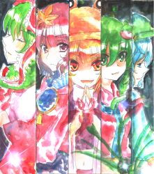  5girls blonde_hair blue_hair bow closed_eyes commentary_request frills frog_hair_ornament front_ponytail green_eyes green_hair hair_ornament hair_ribbon hairbow hat kagiyama_hina kawashiro_nitori kochiya_sanae kurekore light_smile long_hair looking_at_viewer mirror moriya_suwako mountain_of_faith multiple_girls open_mouth orange_eyes own_hands_together painting_(medium) purple_eyes purple_hair ribbon short_sleeves smile touhou traditional_media watercolor_(medium) yasaka_kanako 