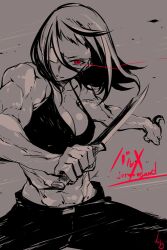  breasts cleavage commentary_request eyepatch female glowing jormungand_(manga) knife muscular muscular_female pants photoshop_(medium) sasetsu short_hair sofia_valmer solo spot_color tank_top weapon 