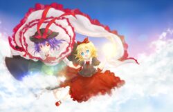  2girls aqua_eyes blonde_hair bow clouds dqn_(dqnww) dress hat medicine_melancholy nagae_iku purple_hair red_eyes ribbons short_hair skirt sky touhou 