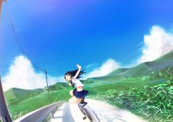  bad_id bad_pixiv_id balancing black_hair blue_sky cloud day female field grass grin guard_rail hill landscape long_hair midriff mountain on_vehicle original outdoors outstretched_arms perspective pleated_skirt power_lines road scenery school_uniform senni shadow skirt sky smile solo spread_arms squatting utility_pole valley 