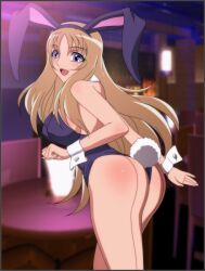  animal_ears aquila_yuna ass back-seamed_legwear bare_shoulders blonde_hair blue_eyes blush breasts bunny_ears bunny_girl bunnysuit hands happy highres large_breasts long_hair looking_back open_mouth saint_seiya saint_seiya_omega seamed_legwear smile solo standing tail thighhighs wrist_cuffs yadokari_genpachirou 