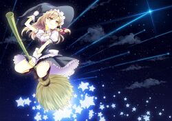  bad_id bad_pixiv_id blonde_hair bow braid broom broom_riding cloud curiosities_of_lotus_asia female flying hairbow hand_on_headwear hand_up hat highres holding kirisame_marisa night night_sky puffy_short_sleeves puffy_sleeves shooting_star short_hair short_sleeves side_braid single_braid sky smile solo star_(symbol) tomo1030 touhou witch_hat wrist_cuffs yellow_eyes 