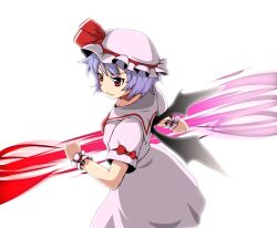  commentary_request female hat m-eiji red_eyes remilia_scarlet short_hair simple_background solo spear_the_gungnir touhou white_background 