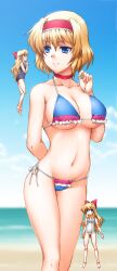  &gt;:) alice_margatroid arm_behind_back beach bikini blonde_hair blue_bikini blue_eyes blue_sky blush bow breasts choker cleavage cloud collarbone commentary_request day doll doll_joints female frilled_bikini frills groin hairband hairbow henshako highres hourai_doll joints large_breasts long_hair matching_hourai matching_shanghai midriff mini_person minigirl navel ocean one-piece_swimsuit outdoors photoshop_(medium) ribbon school_swimsuit shanghai_doll shiny_skin short_hair side-tie_bikini_bottom skindentation sky smile solo strap_gap swimsuit touhou twirling_hair underboob v-shaped_eyebrows white_one-piece_swimsuit 