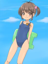  bad_id bad_pixiv_id brown_eyes brown_hair female highres kickboard one-piece_swimsuit original school_swimsuit short_hair solo swimsuit towel twintails yukita_chika_(muihodo524) 