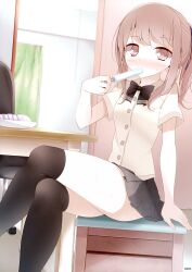  absurdres black_thighhighs blush brown_eyes brown_hair chair crossed_legs desk female food highres holding legs looking_at_viewer oouso original over-kneehighs ponytail popsicle scan sitting skirt solo thighhighs 