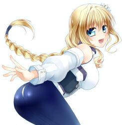  :d ass back-seamed_legwear blonde_hair bodysuit braid breasts commentary_request female kyoukaisenjou_no_horizon large_breasts long_hair looking_back mary_stuart natori_(raisenritz) open_mouth pantyhose scar seamed_legwear single_braid smile solo 