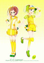  2girls adjusting_eyewear bad_id bad_pixiv_id bottle bracelet brown_hair c.c._lemon c.c._lemon_(character) character_request glasses green_eyes green_hair hair_bobbles hair_ornament hair_ribbon hand_on_own_hip highres jewelry kneehighs kokudou_juunigou looking_at_viewer multiple_girls open_mouth photoshop_(medium) ribbon see-through short_hair short_twintails shorts skirt smile socks twintails visor_cap wristband yellow_legwear 