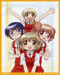  4girls :d \o/ absurdres arms_up artist_request blonde_hair blue_eyes blue_hair blush brown_eyes brown_hair double_bun glasses hair_bun hair_ornament hairclip hidamari_sketch highres hiro_(hidamari_sketch) looking_at_viewer miyako_(hidamari_sketch) multiple_girls official_art open_mouth outstretched_arms pink_hair red_eyes red_hair sae_(hidamari_sketch) scan school_uniform short_hair smile yellow_eyes yuno_(hidamari_sketch) 