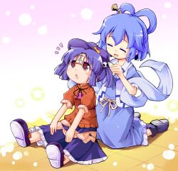  2girls alternate_hairstyle blue_hair blush brushing_another&#039;s_hair brushing_hair closed_eyes commentary_request hair_ornament hair_rings hair_stick hat hat_ornament herada_mitsuru jiangshi kaku_seiga miyako_yoshika multiple_girls ofuda red_eyes shawl short_hair sitting smile star_(symbol) star_hat_ornament touhou twintails 