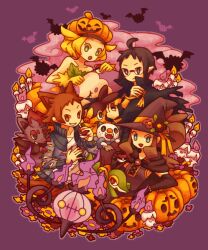  2boys 2girls ahoge alternate_costume animal_ears bare_shoulders bianca_(pokemon) chandelure cheren_(pokemon) glasses gloves halloween hat hilbert_(pokemon) hilda_(pokemon) holding holding_poke_ball ikra_(katacoly) jack-o&#039;-lantern litwick multiple_boys multiple_girls musharna oshawott poke_ball pokemon pokemon_(creature) pokemon_bw pumpkin purple_background sitting snivy starter_pokemon_trio tepig tympole vampire witch witch_hat woobat zorua 